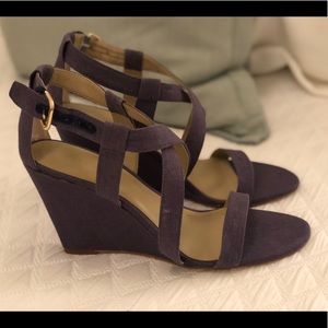 Ann Taylor Priscilla Blue Linen Wedge Sandals sz 8